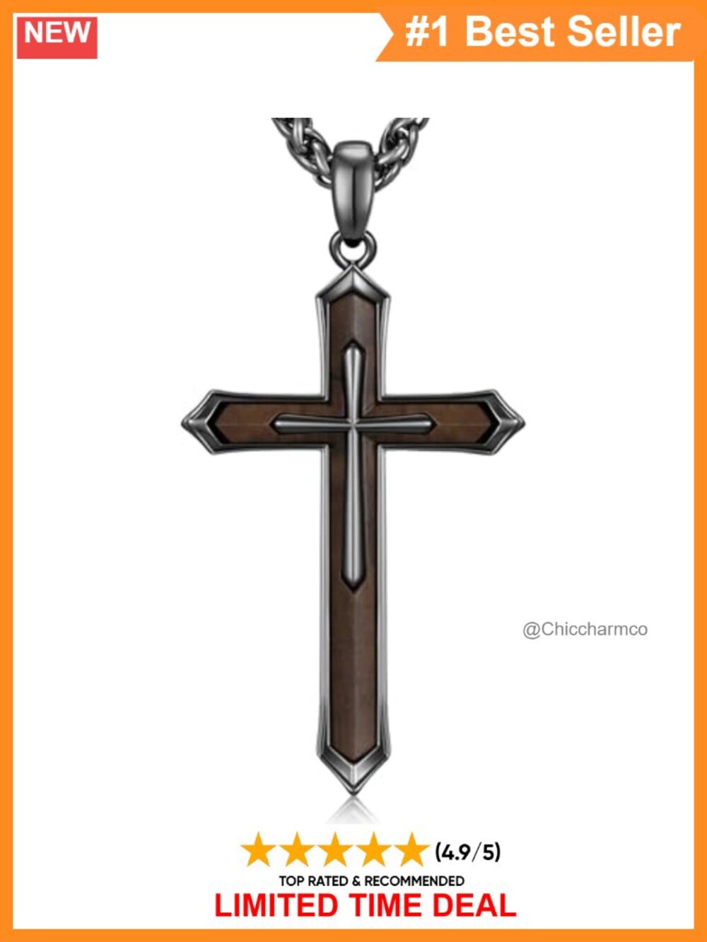 Wooden Cross Necklace with Stainless Steel Accents, Removable Pendant, 22 Inch